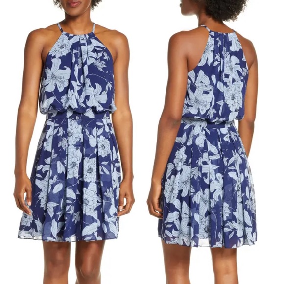Eliza J Chiffon Floral Print Halter Dress Blue